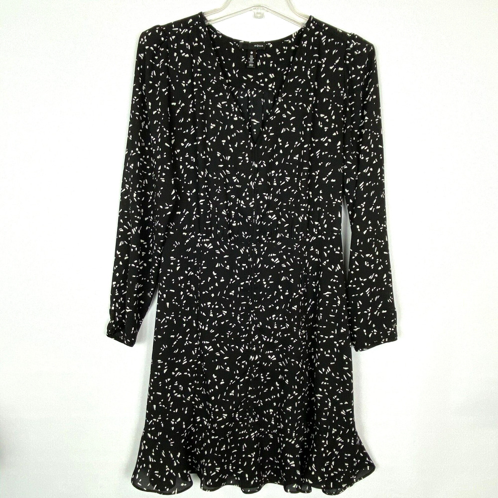 Aqua Printed Long Sleeve Ruffle‎ Dress S V Neck Side Zip Party Dressy Black Sexy